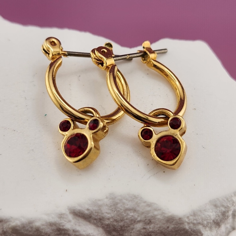 Disney Mickey Mouse Red Crystal Gold Tone Hoop Dangle Earrings Pierced Jewelry